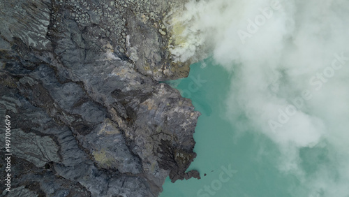 aerial view of the interior of a volcano crater, with a lake of sulphur. Java, Indonesia - 19th March 2025