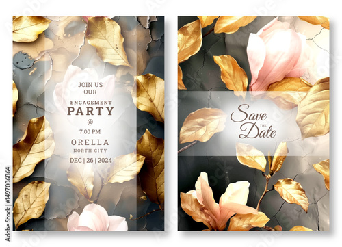 Wedding invitation template, business brochure template, luxury golden leaves art flyer design, universal background, versatile vector background, creative brochure template, party invitation template