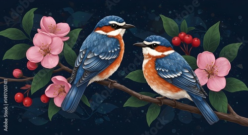 Illustration of Blue love birds sitting on floral branch, wallpaper background