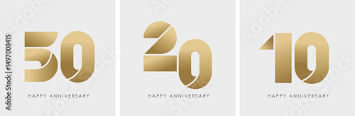 Minimalist anniversary cards with gold numbers on white background. 