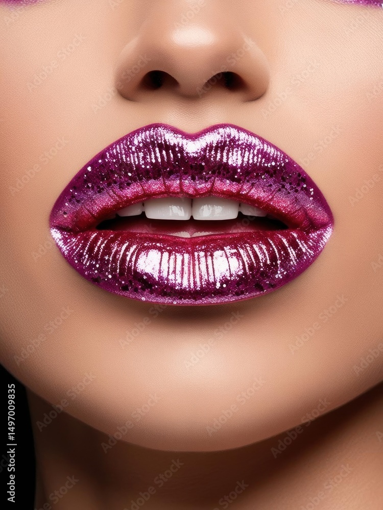 Fototapeta premium Close-up of glossy, metallic pink lips with glitter detail, showcasing bold and glamorous makeup.