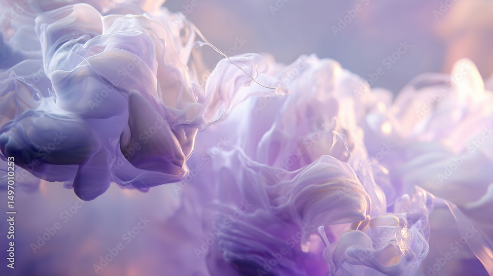 Fototapeta premium a dreamy flowing scene of lavender tones and soft white liquids merging fluidly while refracted light adds depth and calm