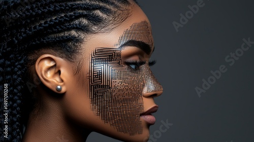 Profile of a Black Woman with Circuit Pattern Makeup on Dark Gray Background