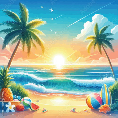 Bright and cheerful summer vacation vector design featuring tropical elements like palm trees, beach umbrellas, surfboards, sun hats, and waves. Ideal for travel posters, holiday promotions, and summe