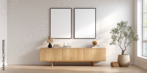 Minimalist interior design in a modern living space featuring natural elements and empty wall frames