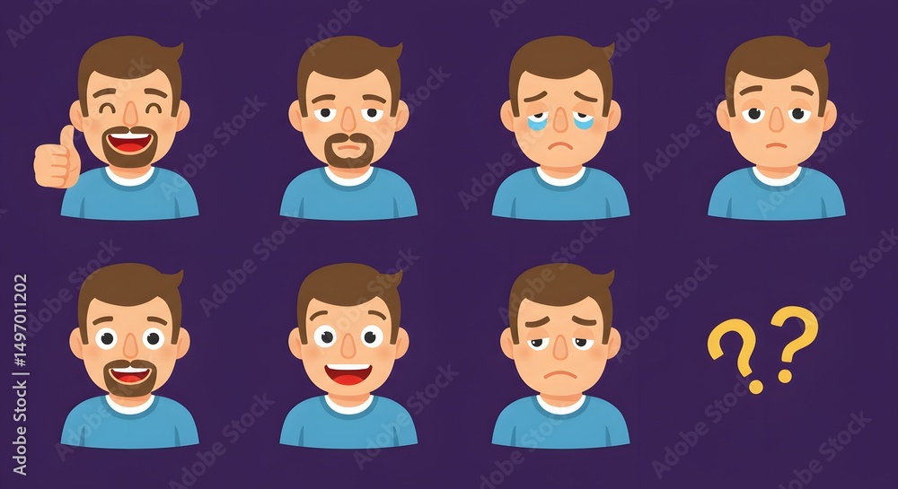 Diverse Male Cartoon Character Emotions Happy, Sad, Confused, and More Diverse Male Cartoon Character Emotions Happy, Sad, Confused, and More