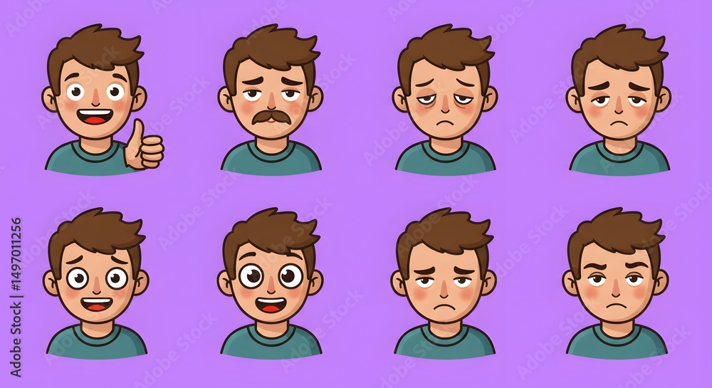 Diverse Cartoon Man Facial Expressions Happy, Sad, Angry, Tired, and More Diverse Cartoon Man Facial Expressions Happy, Sad, Angry, Tired, and More