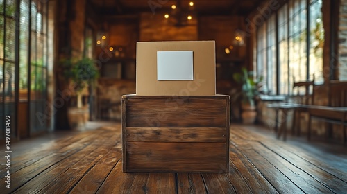 Wallpaper Mural Cardboard box mockup on wooden crate in rustic room. Torontodigital.ca