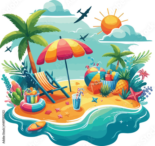 Bright and cheerful summer vacation vector design featuring tropical elements like palm trees, beach umbrellas, surfboards, sun hats, and waves. Ideal for travel posters, holiday promotions, and summe