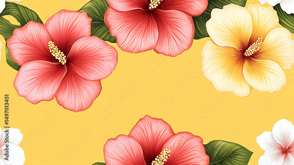 Obraz premium Tropical hibiscus flower border with pink and yellow petals and green leaves on yellow background, bright and vibrant design