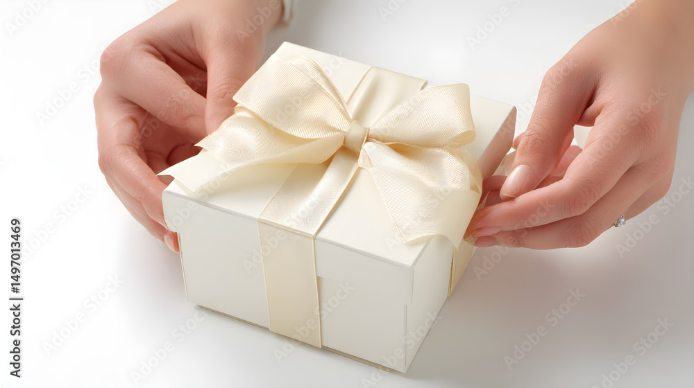 Hands wrapping a delicate gift box with satin ribbon, isolated on white background, detailed, Hands wrapping a delicate gift box with satin ribbon, isolated on white background, detailed,