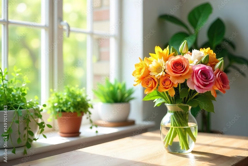 Fototapeta premium Bright, sunny room with freshly cut flowers in a vase, green plants, and open windows letting in natural light A feeling of airy, clean freshness pervades the space , home, serenity