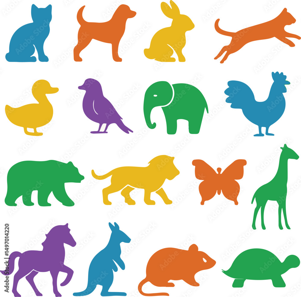 Obraz premium 20 colorful animal silhouettes including cat, dog, bird, giraffe, elephant, turtle, rabbit, and more. Ideal for children’s books, educational designs, and animal-themed branding. 