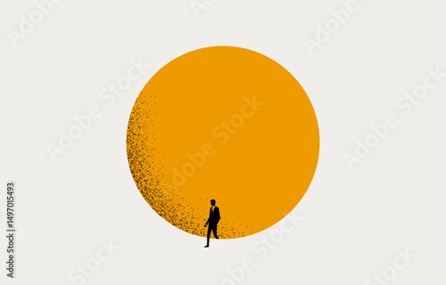 Businessman stepping out of circle, getting out of comfort zone, breaking business limit concept, minimal business design.
