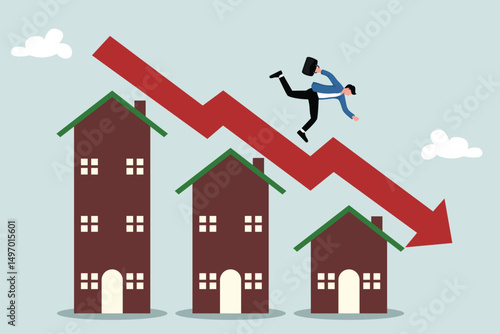 Housing prices plummet, real estate and property plummet, decline or decrease in value, Homeowners fall due to decline, housing graph falls.