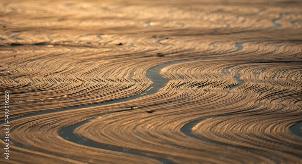 Naklejka premium Golden Hour Water Reflections Abstract Nature Photography of Wave Patterns on Sandy Shore