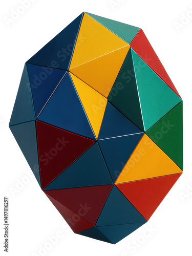 Geometric polyhedron with multicolored triangular faces including blue, red, yellow, and green on transparent background.