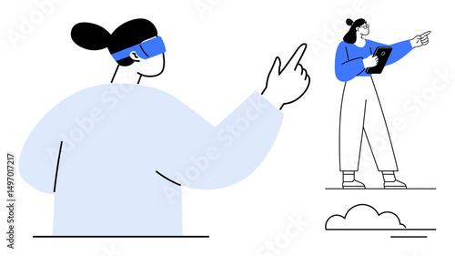 Person wearing VR headset interacting with immersive experience, another holding a tablet pointing forward. Ideal for technology, innovation, education, gaming, future concepts, teamwork, simple