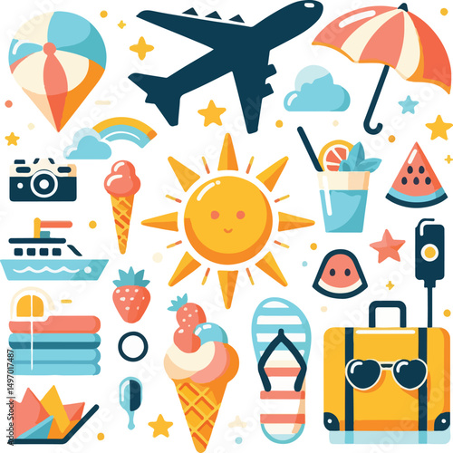 Bright and cheerful summer vacation vector design featuring tropical elements like palm trees, beach umbrellas, surfboards, sun hats, and waves. Ideal for travel posters, holiday promotions, and summe