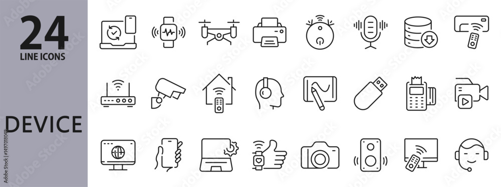 Device line icons set with Gadget, Technology, Smartphone, Computer, Smartwatch, Headphones, Tablet and more. Editable Stroke Device line icons set with Gadget, Technology, Smartphone, Computer, Smartwatch, Headphones, Tablet and more. Editable Stroke