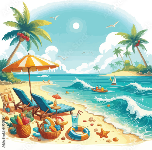 Bright and cheerful summer vacation vector design featuring tropical elements like palm trees, beach umbrellas, surfboards, sun hats, and waves. Ideal for travel posters, holiday promotions, and summe