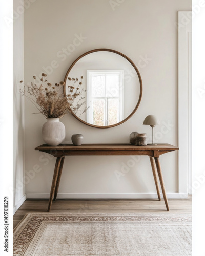 Minimalist entry foyer delights with console table and round mirror
