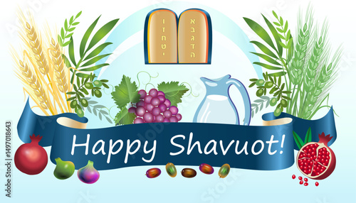 Happy Shavuot greeting card with seven species wheat, barley, grapes vines, figs, pomegranates, olive oil, honey and Torah with Ten commandments Hebrew letters, Jewish Holiday religion traditions sign