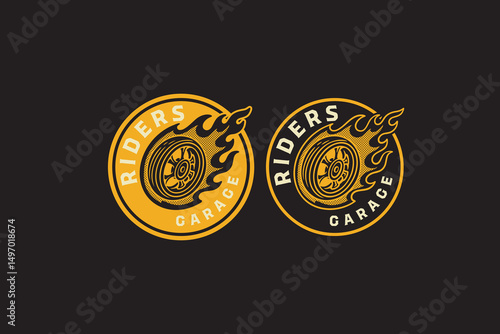 wheels with flame retro badge logo vector design set for garage, workshop, racing. tires and rims of vehicle with fire vintage emblem logo graphics. wheels burning illustration element designs