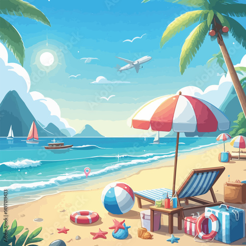 Bright and cheerful summer vacation vector design featuring tropical elements like palm trees, beach umbrellas, surfboards, sun hats, and waves. Ideal for travel posters, holiday promotions, and summe