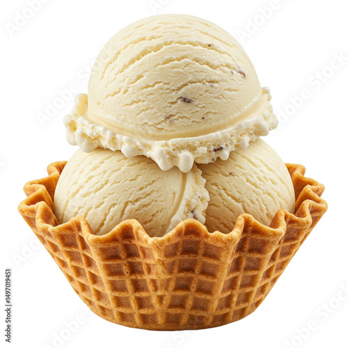 Vanilla ice cream in waffle basket isolated on white background.