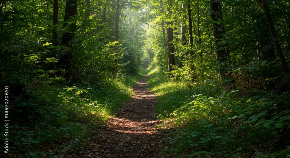 Obraz premium Sun-Dappled Forest Trail Through Lush Green Woods in Early Morning