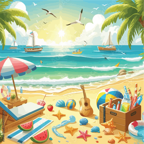 Bright and cheerful summer vacation vector design featuring tropical elements like palm trees, beach umbrellas, surfboards, sun hats, and waves. Ideal for travel posters, holiday promotions, and summe
