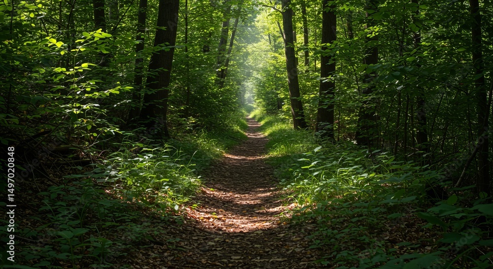 Obraz premium Sun-Dappled Forest Trail Through Lush Green Woods in Early Morning