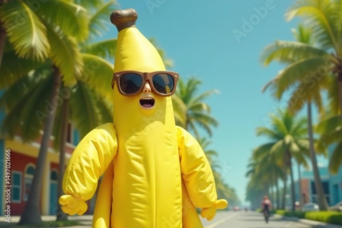 Funny inflatable banana costume, silly oversized sunglasses, joy, inflatable