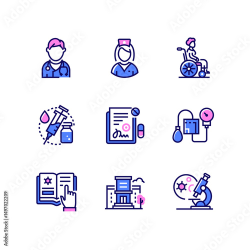 Healthcare and medicine - line art style icons set