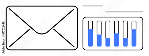 Envelope beside horizontal bar charts with variable blue levels, visualizing email communication, data sharing, progress tracking, digital marketing, analytics, networking, simple landing page