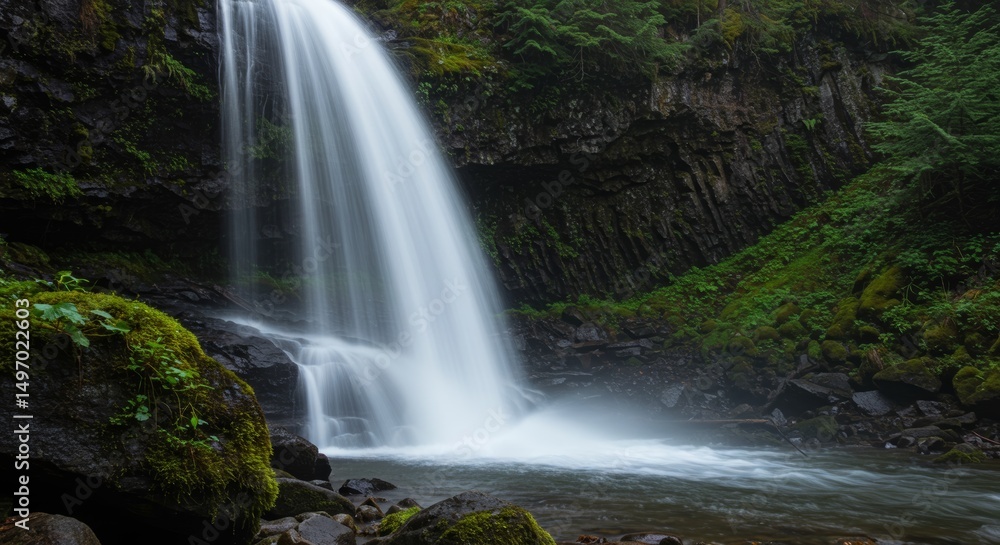 Immersive Waterfall Base Shot with Flowing Water and Surrounding Rocks Immersive Waterfall Base Shot with Flowing Water and Surrounding Rocks