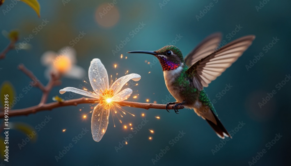 Fototapeta premium A colorful hummingbird perches on a branch beside a flower radiating a soft, warm glow light.