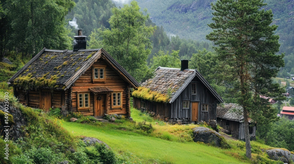 Fototapeta premium Charming Norwegian Cottages nestled amidst verdant landscape and misty mountains
