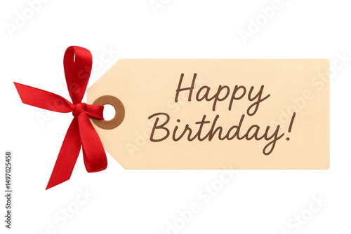 Happy birthday gift tag with red bow on transparent background