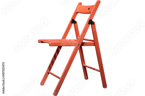 A single orange wooden folding chair is shown against a plain black studio background in a full shot