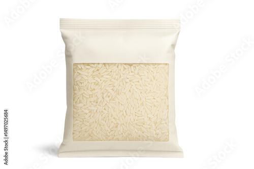 White rice packed in transparent plastic bag on transparent background