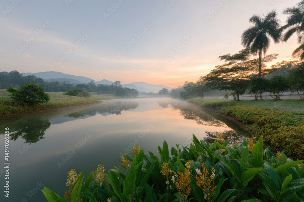 Obraz premium serene summer dawn at tranquil lake sky painted in soft pastels as sun rises
