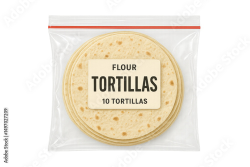 Pack of flour tortillas in resealable plastic bag with transparent background