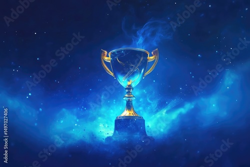 Golden trophy, mystical blue smoke, victory