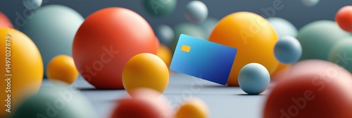 A blue credit card is placed on top of a pile of colorful balls. Concept of playfulness and fun, as the bright colors of the balls contrast with the blue card