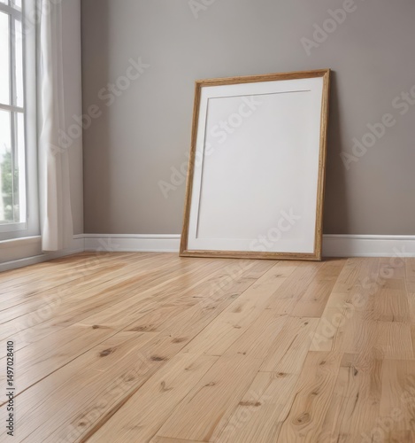 Clean empty frame on light wooden floor Ideal for showcasing artwork or designs , blank template, decor