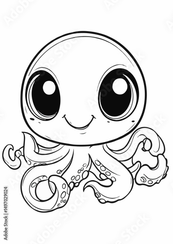 Happy octopus with curly tentacles in a clean black outline. Fun and engaging for young artists.