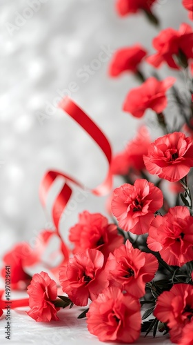 Vibrant red carnations cascade against a blurred, light gray background, adorned with a flowing red ribbon; petals and ribbon pieces scattered delicately
