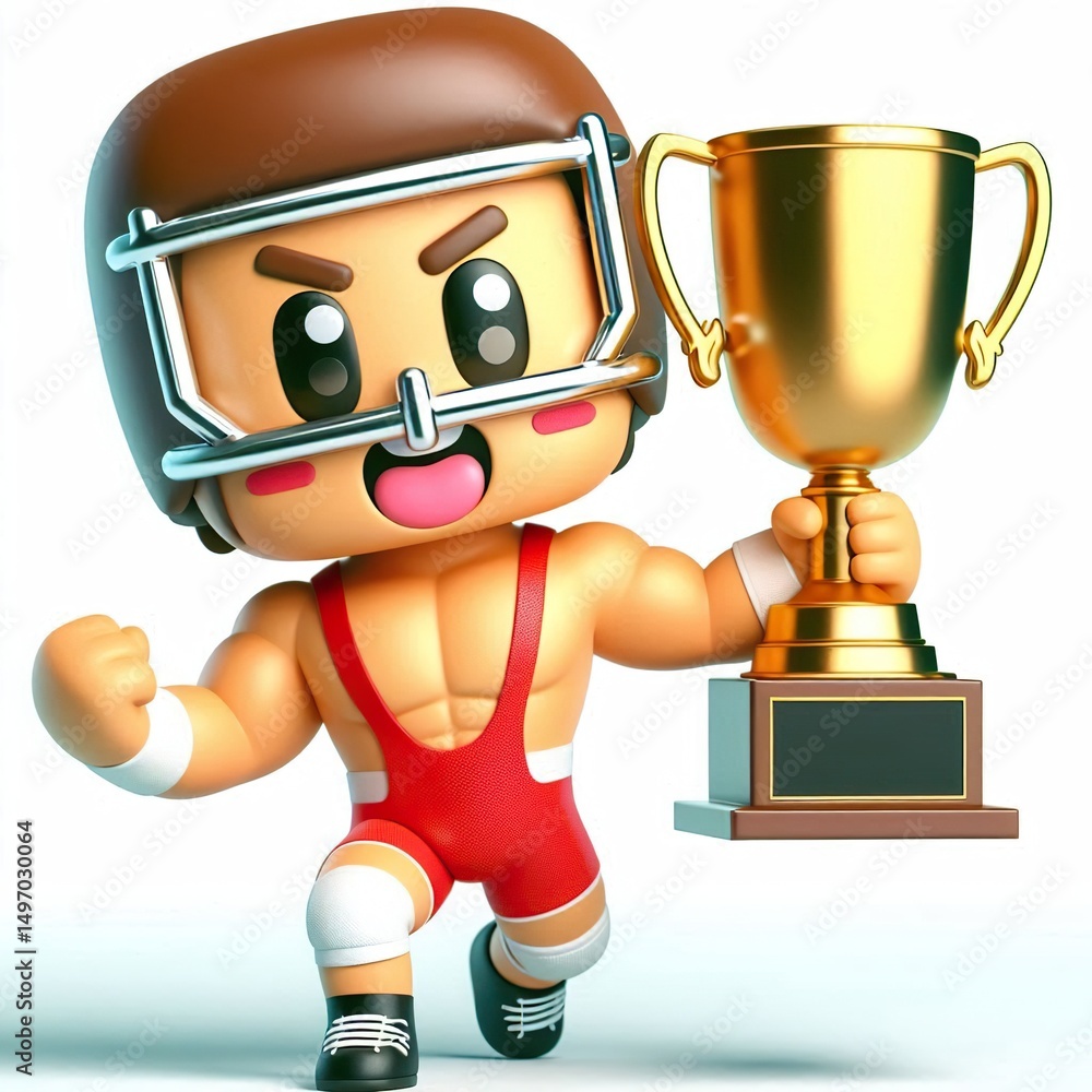 Obraz premium Animated character 3D image of a wrestling winner celebrating with a gold cup, cute design, white background